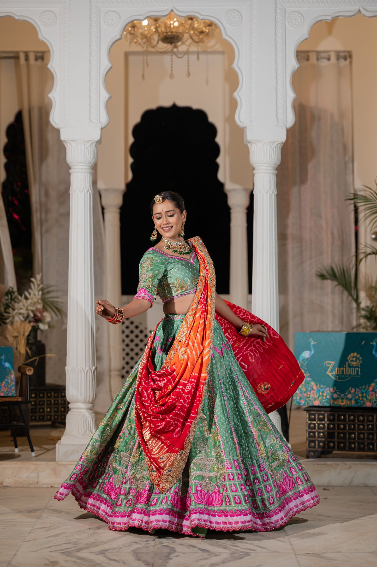 Red Orange Gajji Silk Bandhej Chunari with Marodi Zardozi and Thread Peacock Elephant Motifs Sequins Work
