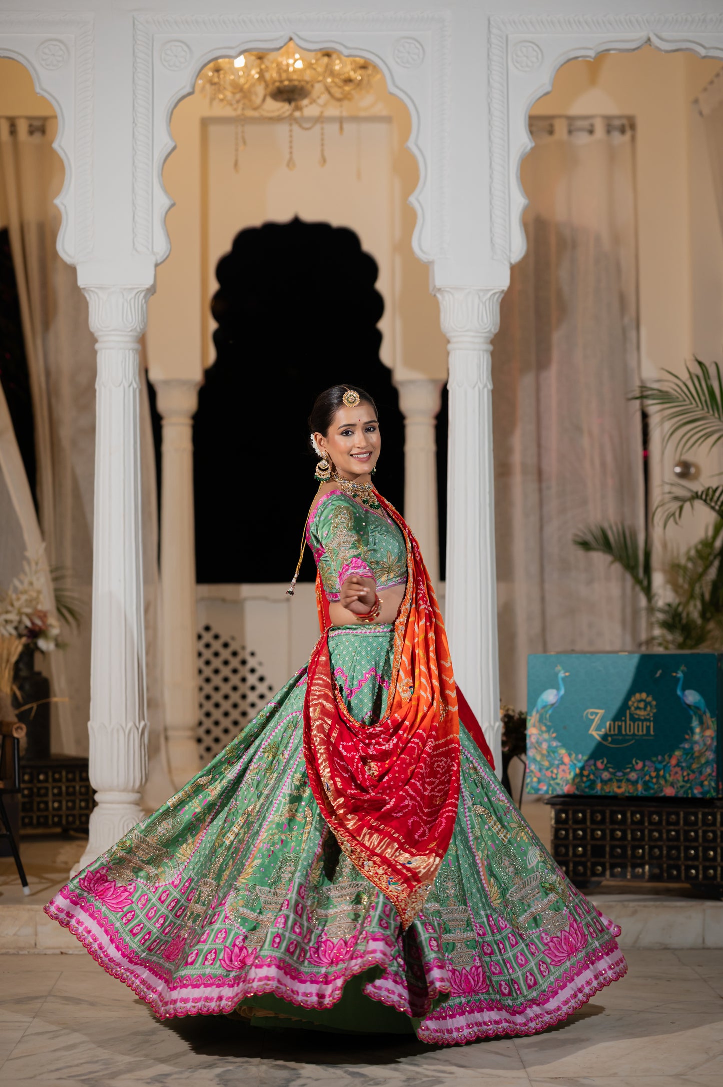 Red Orange Gajji Silk Bandhej Chunari with Marodi Zardozi and Thread Peacock Elephant Motifs Sequins Work