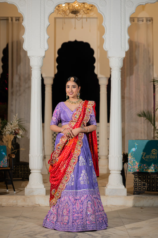 A stunning red orange shaded gajji silk bandhej chunari featuring marodi zardozi peacock motifs sequins work chunari beautifully adorned with fine craftsmanship and exquisite detailing, perfect for festive and special occasions.