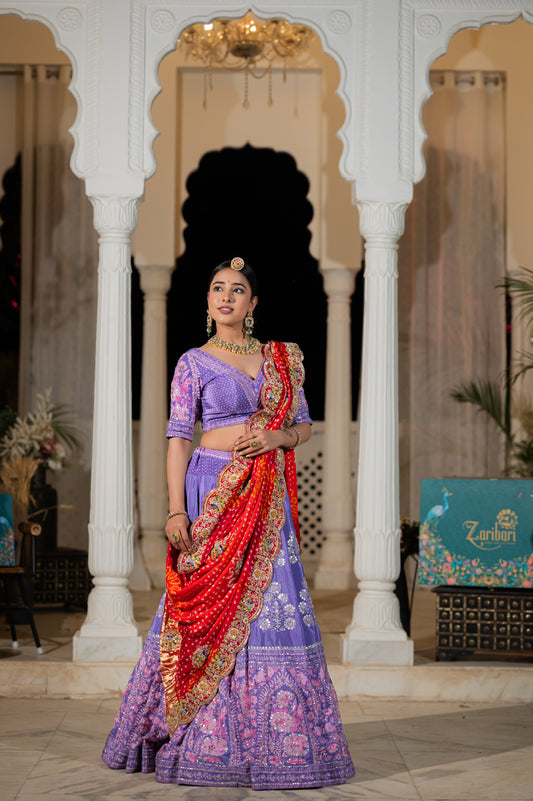 Red Orange Shaded Gajji Silk Bandhej Chunari with Marodi Zardozi Peacock Motifs Sequins Work