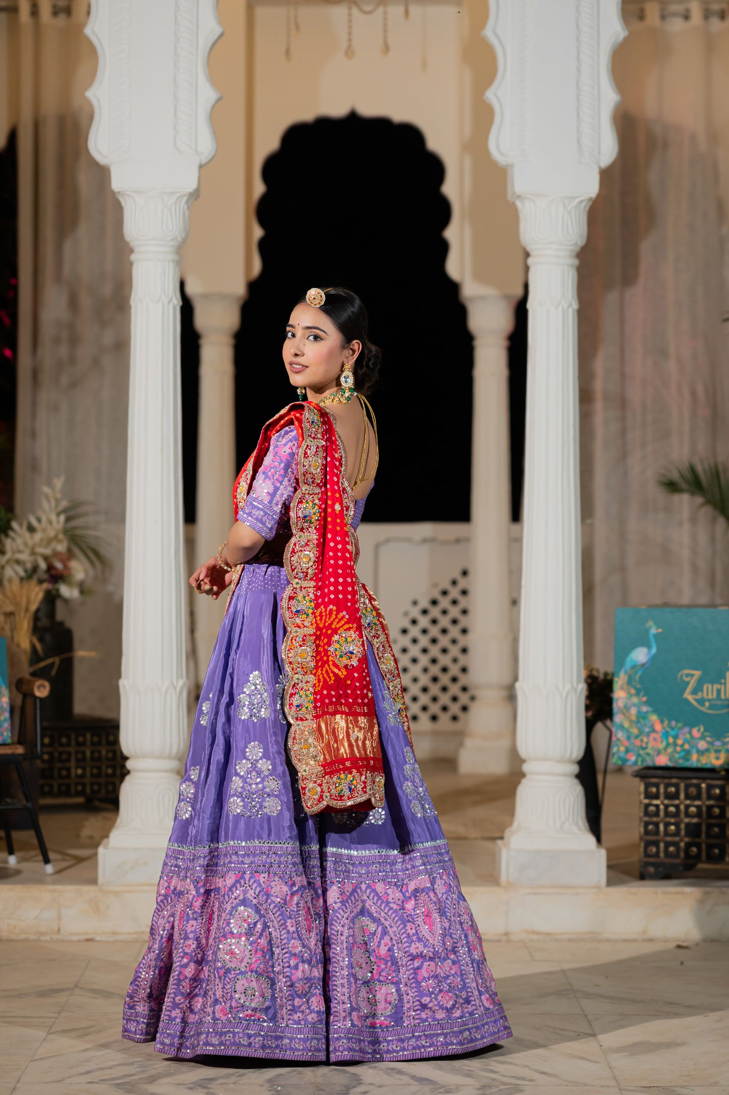 Red Orange Shaded Gajji Silk Bandhej Chunari with Marodi Zardozi Peacock Motifs Sequins Work