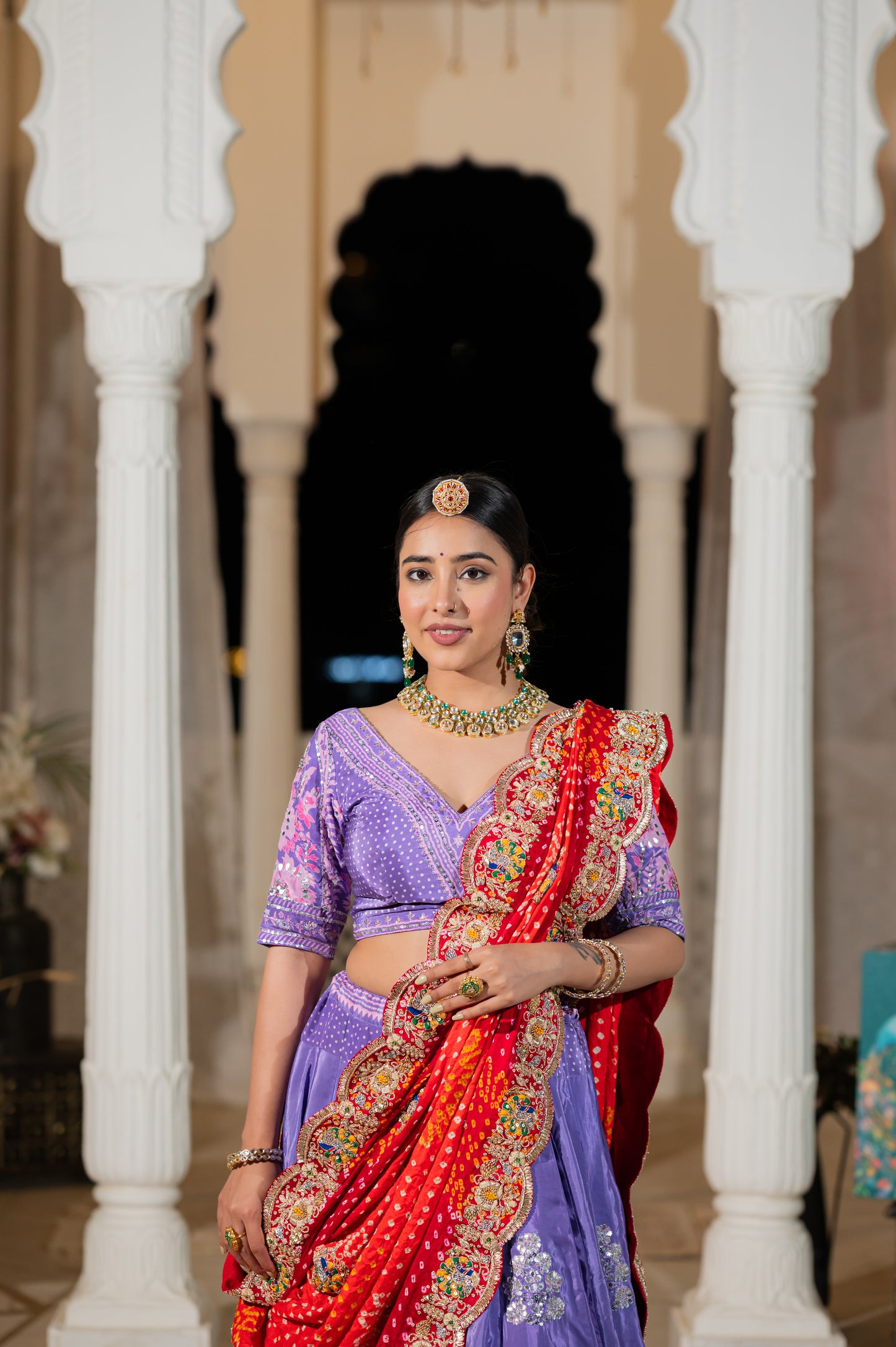 Red Orange Shaded Gajji Silk Bandhej Chunari with Marodi Zardozi Peacock Motifs Sequins Work