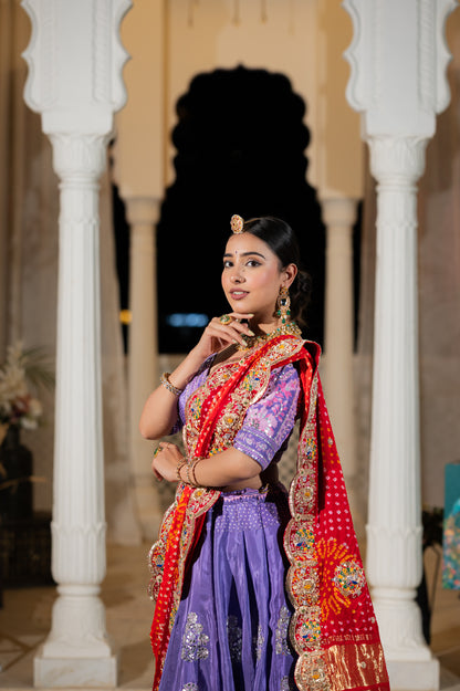 Red Orange Shaded Gajji Silk Bandhej Chunari with Marodi Zardozi Peacock Motifs Sequins Work