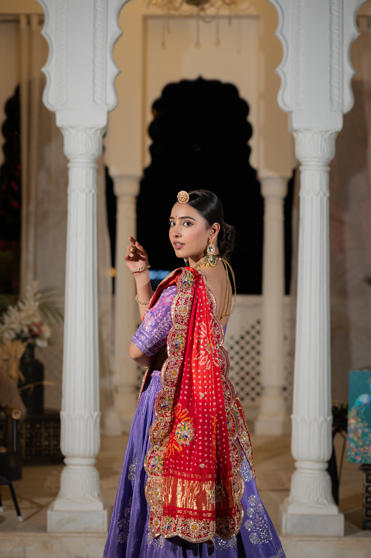 Red Orange Shaded Gajji Silk Bandhej Chunari with Marodi Zardozi Peacock Motifs Sequins Work