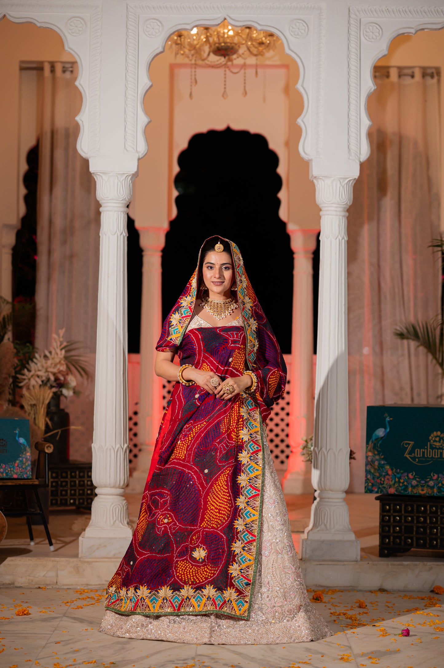 Maroon Pure Ojariya Bandhej Chunari with Zardozi Thread Motifs Gota Patti Sequins Kardana Work