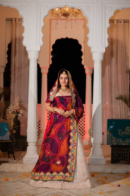 Maroon Pure Ojariya Bandhej Chunari with Zardozi Thread Motifs Gota Patti Sequins Kardana Work