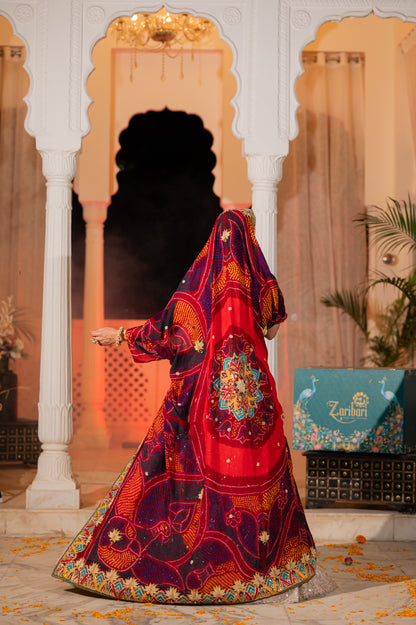 Maroon Pure Ojariya Bandhej Chunari with Zardozi Thread Motifs Gota Patti Sequins Kardana Work