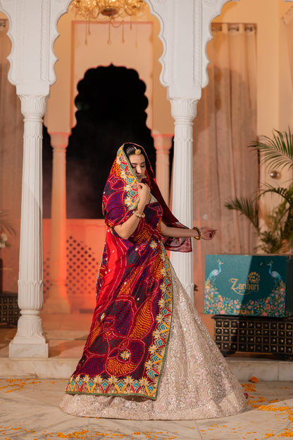 Maroon Pure Ojariya Bandhej Chunari with Zardozi Thread Motifs Gota Patti Sequins Kardana Work