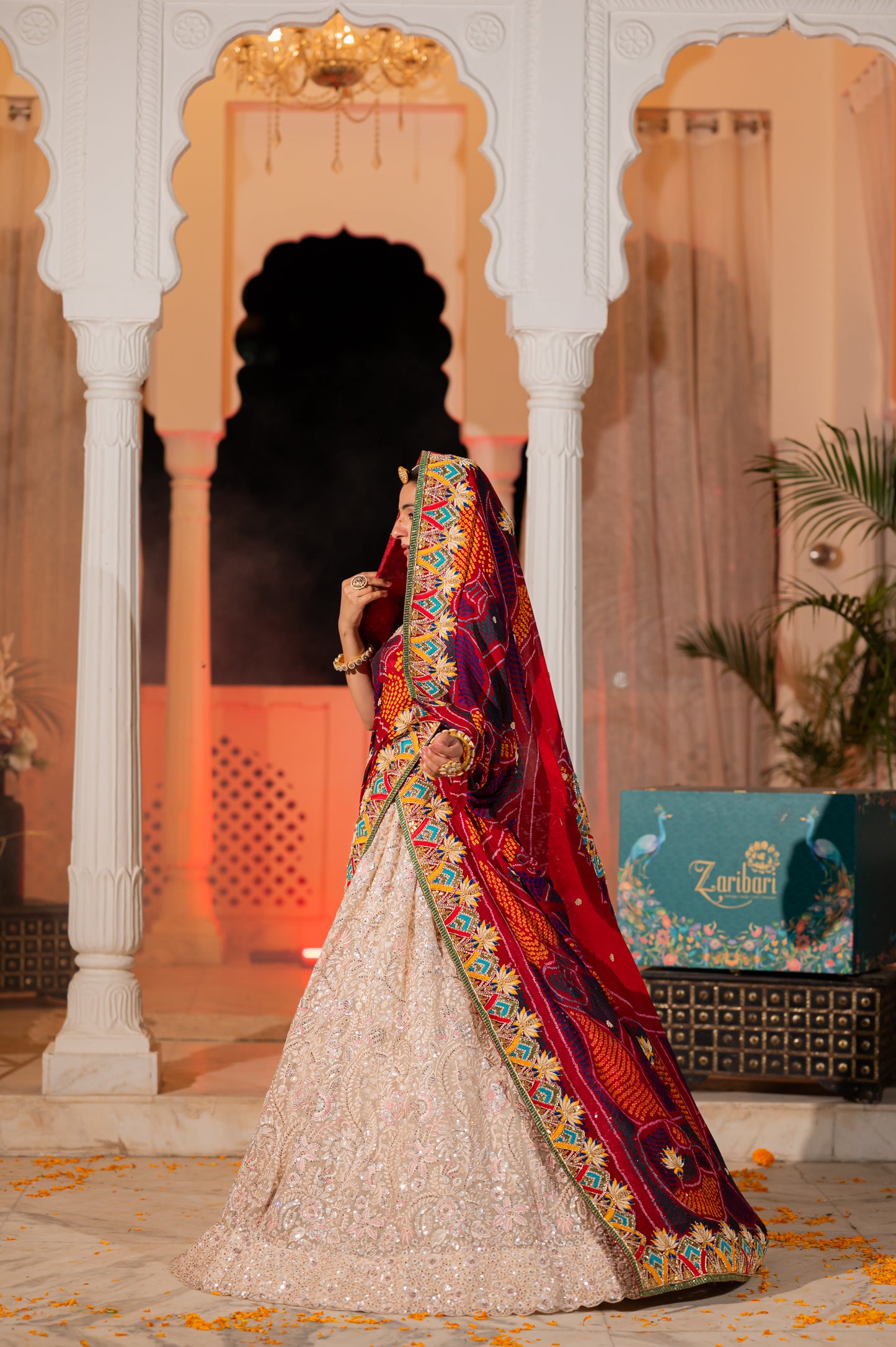 Maroon Pure Ojariya Bandhej Chunari with Zardozi Thread Motifs Gota Patti Sequins Kardana Work