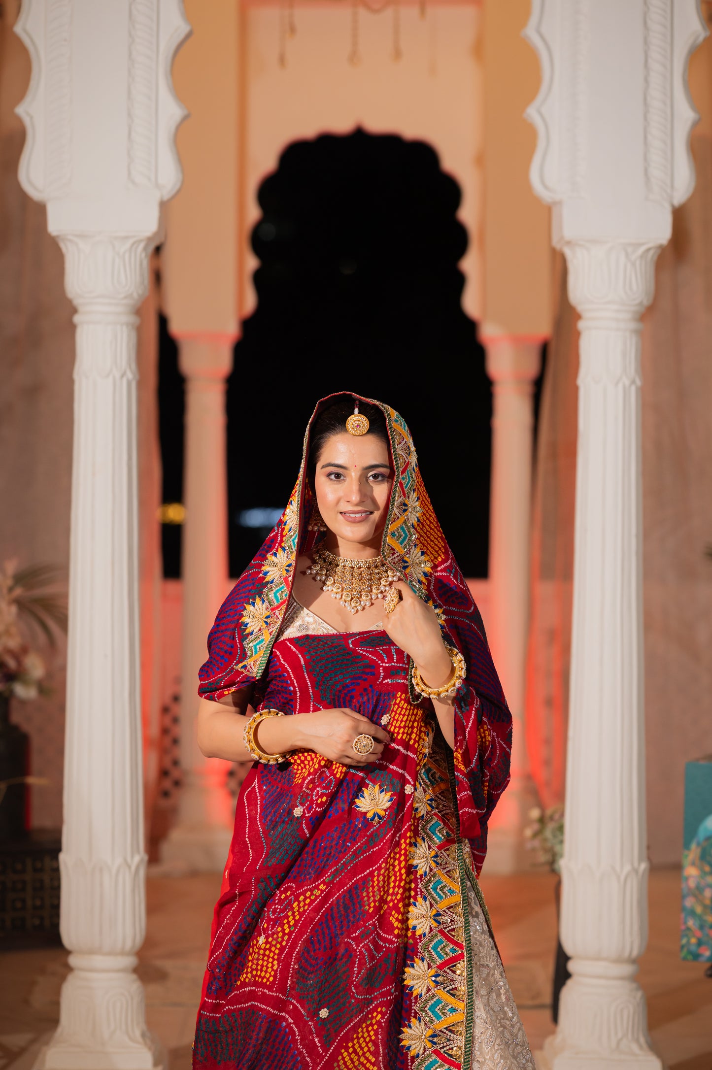 Maroon Pure Ojariya Bandhej Chunari with Zardozi Thread Motifs Gota Patti Sequins Kardana Work