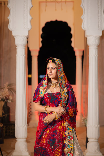 Maroon Pure Ojariya Bandhej Chunari with Zardozi Thread Motifs Gota Patti Sequins Kardana Work