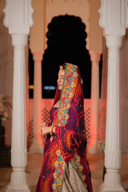 Maroon Pure Ojariya Bandhej Chunari with Zardozi Thread Motifs Gota Patti Sequins Kardana Work