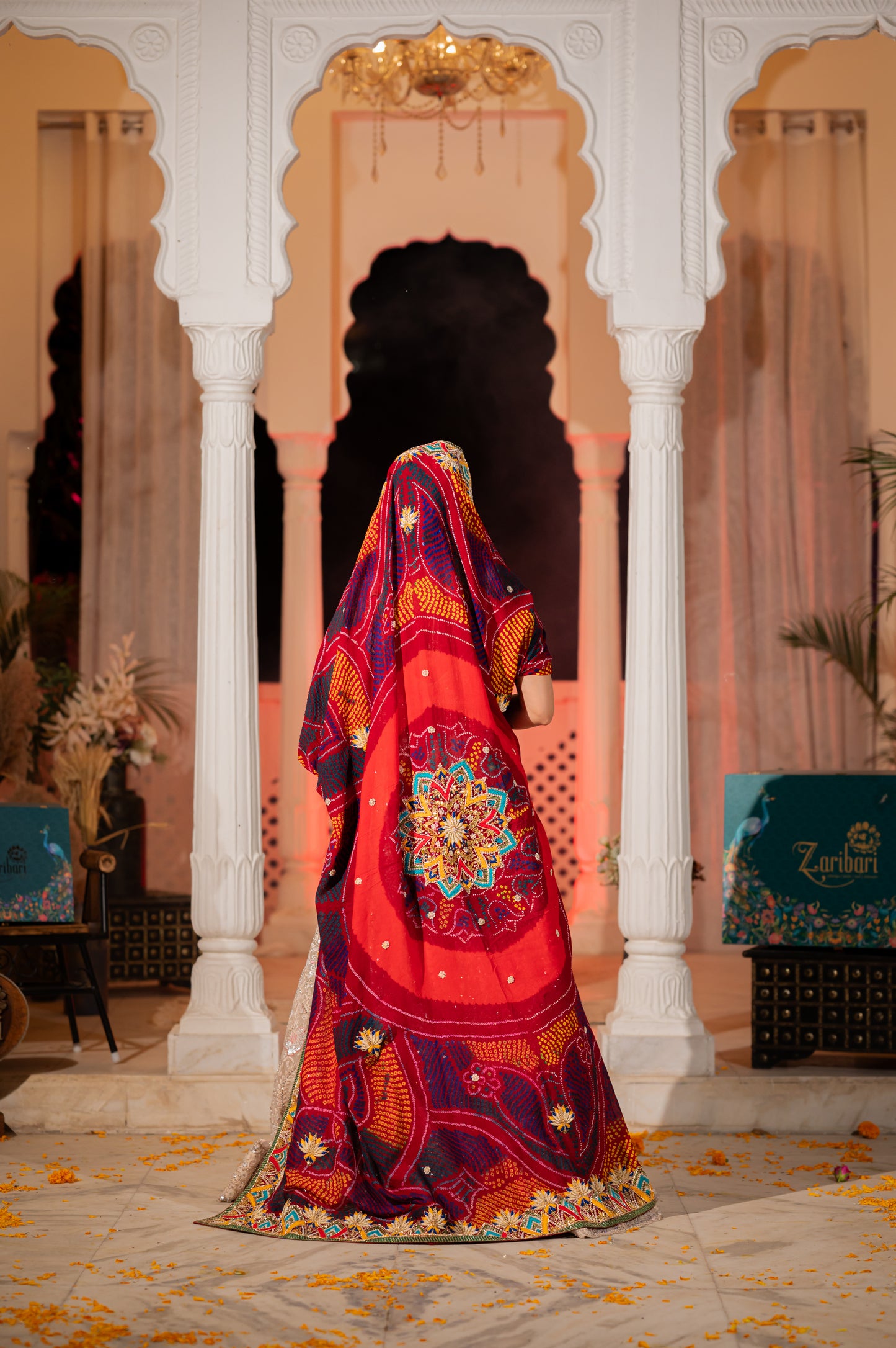 Maroon Pure Ojariya Bandhej Chunari with Zardozi Thread Motifs Gota Patti Sequins Kardana Work