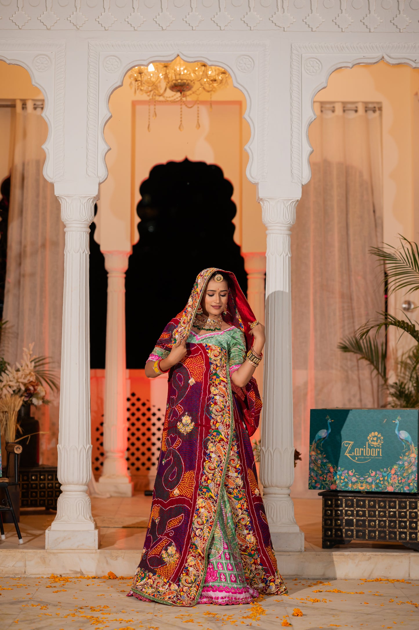 Maroon Pure Ojariya Bandhej Chunari with Marodi Zardozi and Thread Birds Motifs Sequins Work