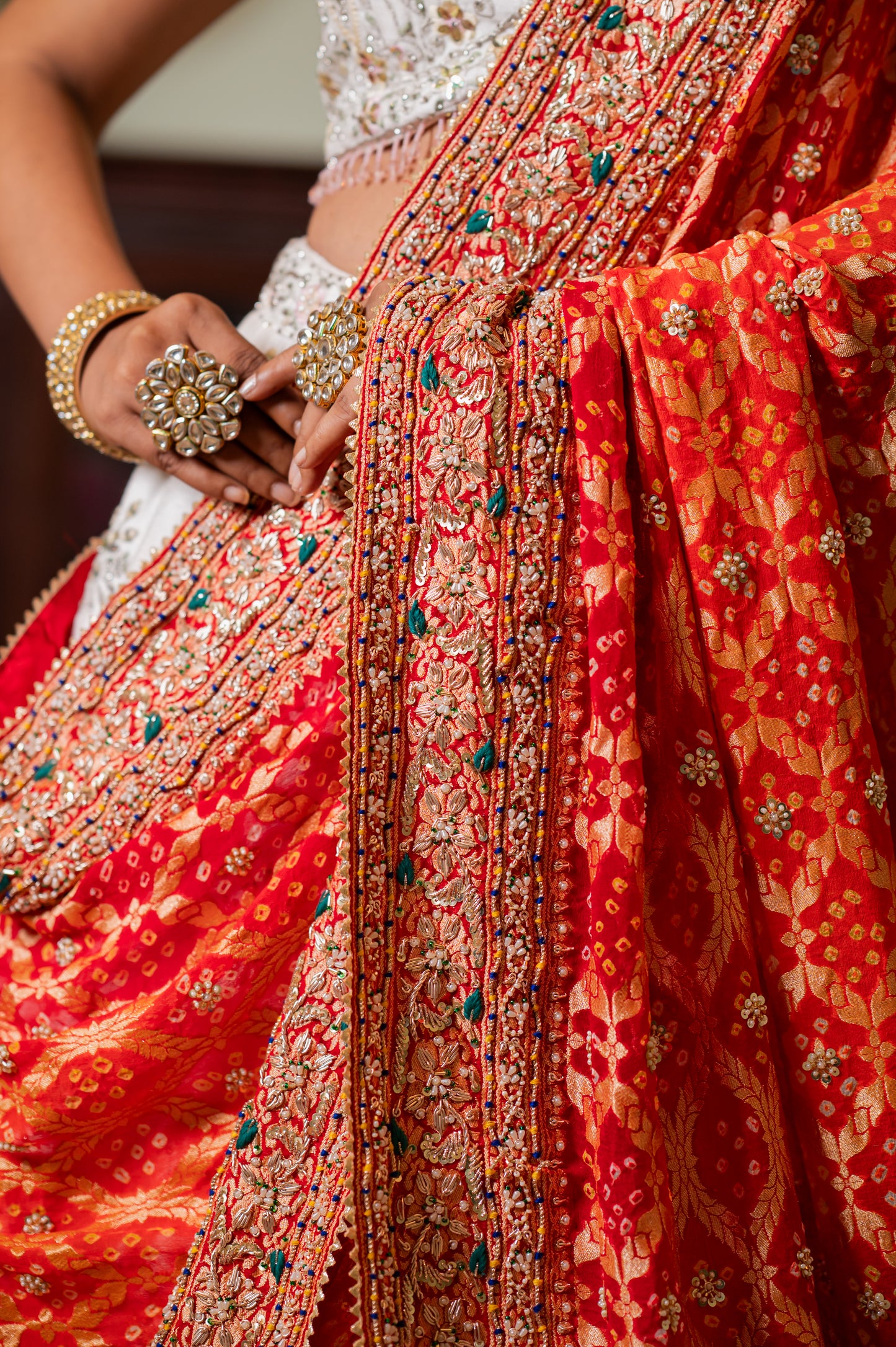 Orange Pure Khaddi Georgette Meenakari Bandhej Chunari with Thread Kardana Sequins Work