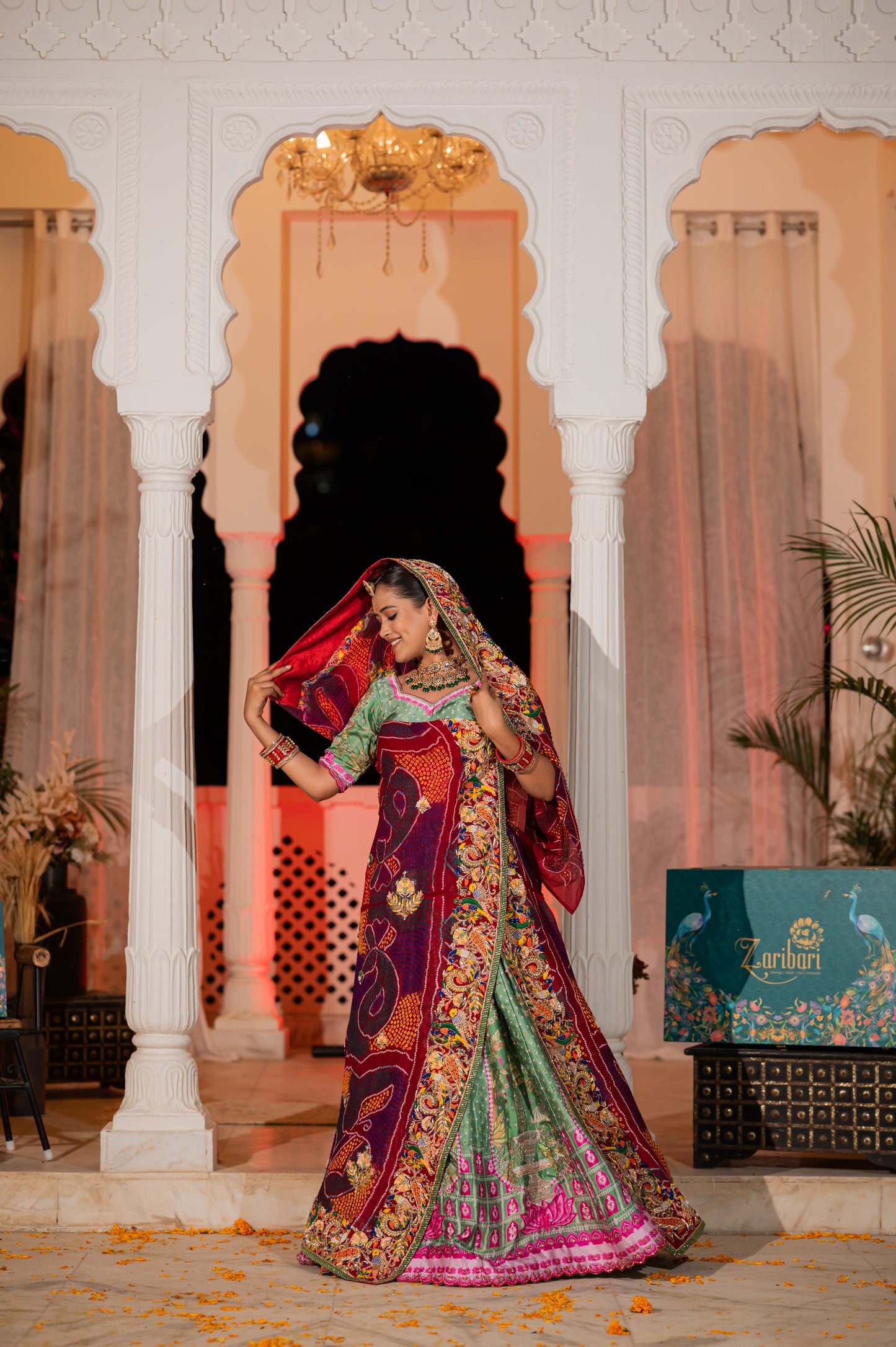 Maroon Pure Ojariya Bandhej Chunari with Marodi Zardozi and Thread Birds Motifs Sequins Work