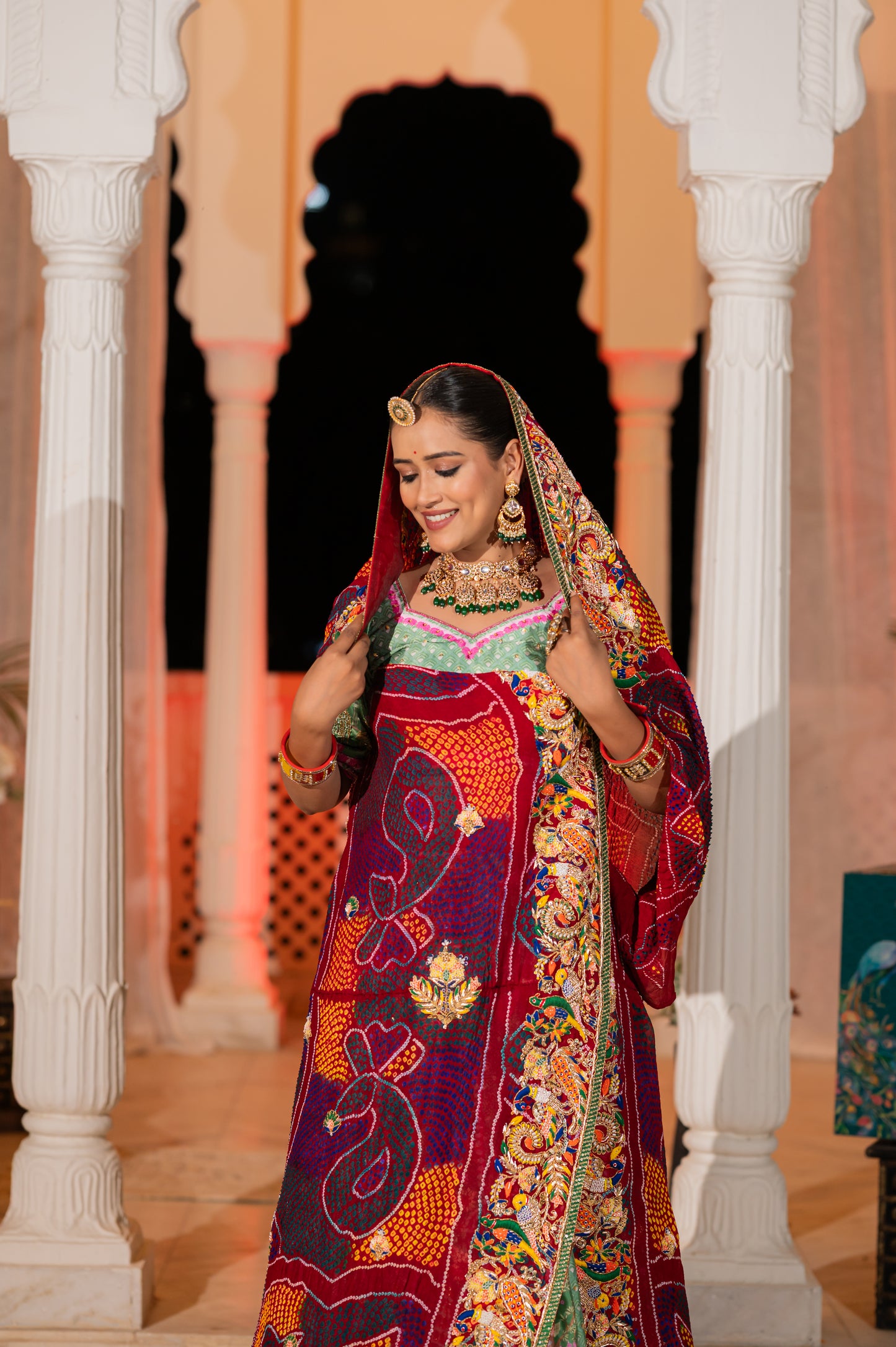 Maroon Pure Ojariya Bandhej Chunari with Marodi Zardozi and Thread Birds Motifs Sequins Work