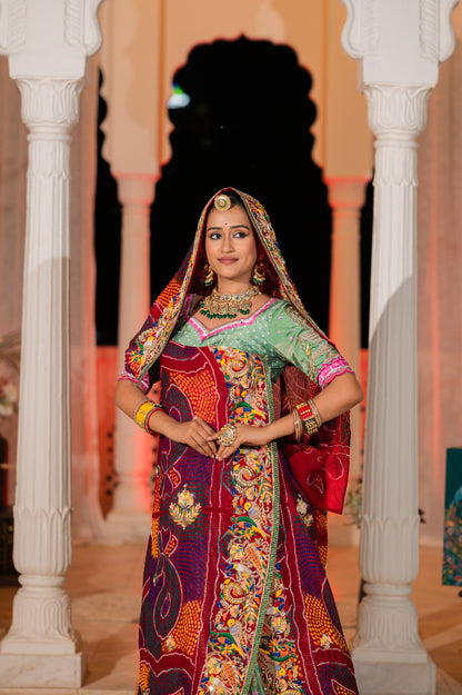Maroon Pure Ojariya Bandhej Chunari with Marodi Zardozi and Thread Birds Motifs Sequins Work