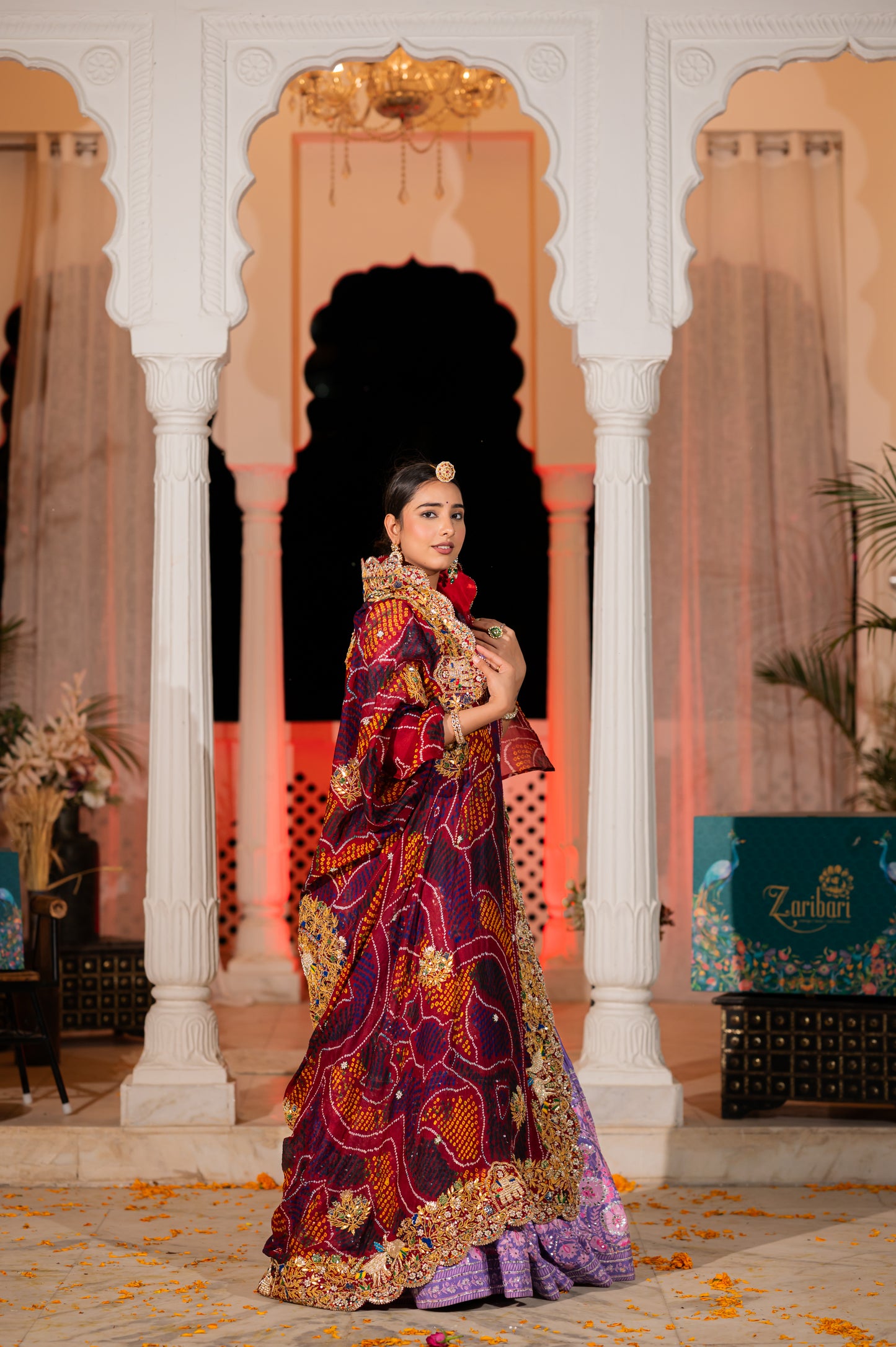 Red Pure Ojariya Bandhej Chunari with Marodi Zardozi Elephant Motifs Gota Patti Kardana Work