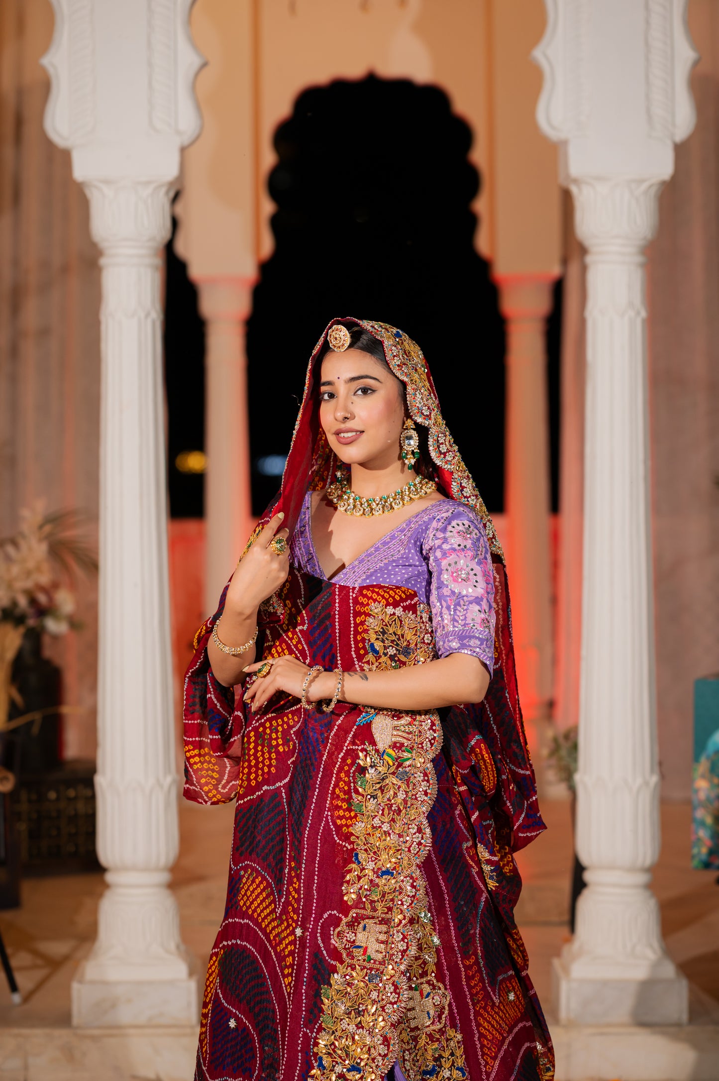 Red Pure Ojariya Bandhej Chunari with Marodi Zardozi Elephant Motifs Gota Patti Kardana Work