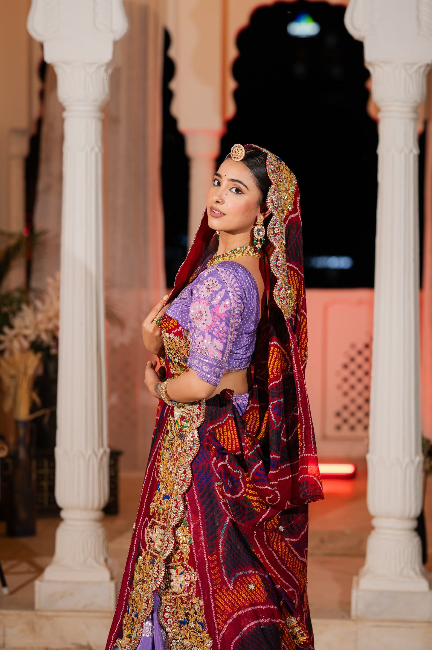 Red Pure Ojariya Bandhej Chunari with Marodi Zardozi Elephant Motifs Gota Patti Kardana Work