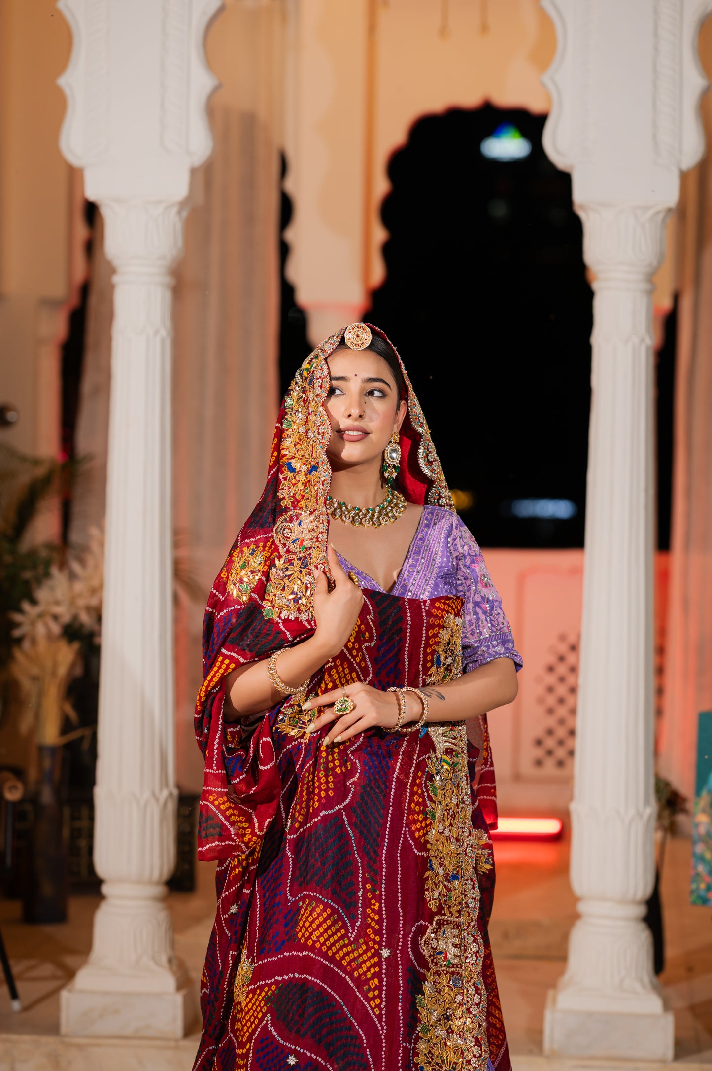 Red Pure Ojariya Bandhej Chunari with Marodi Zardozi Elephant Motifs Gota Patti Kardana Work