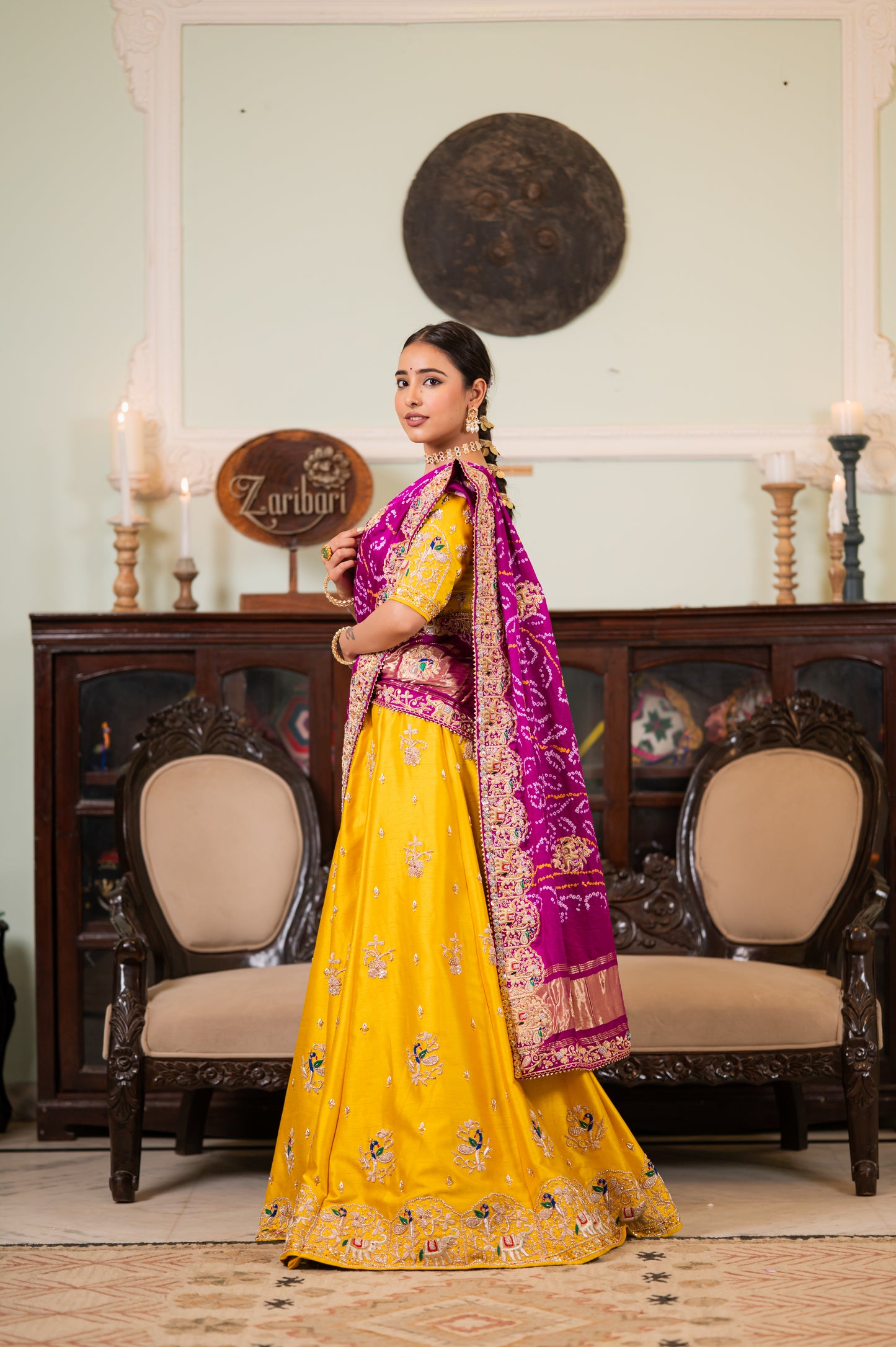 Purple Pure Ojariya Bandhej Chunari with Marodi Zardozi Thread Elephant Peacock Motifs Sequins Work