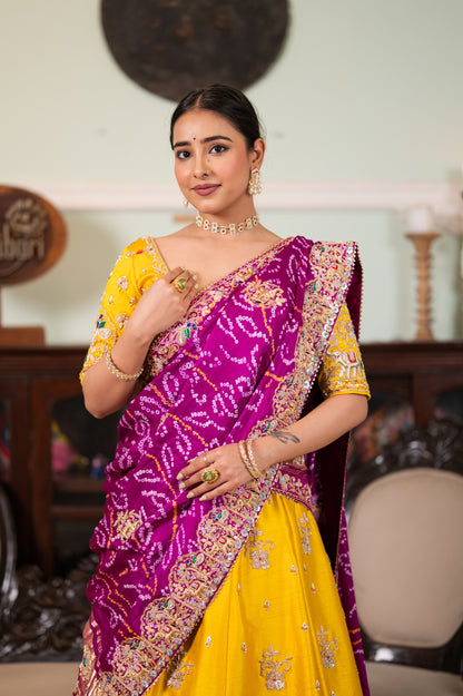 Purple Pure Gajji Silk Bandhej Chunari with Zardozi work,Elephant-Peacock Motifs