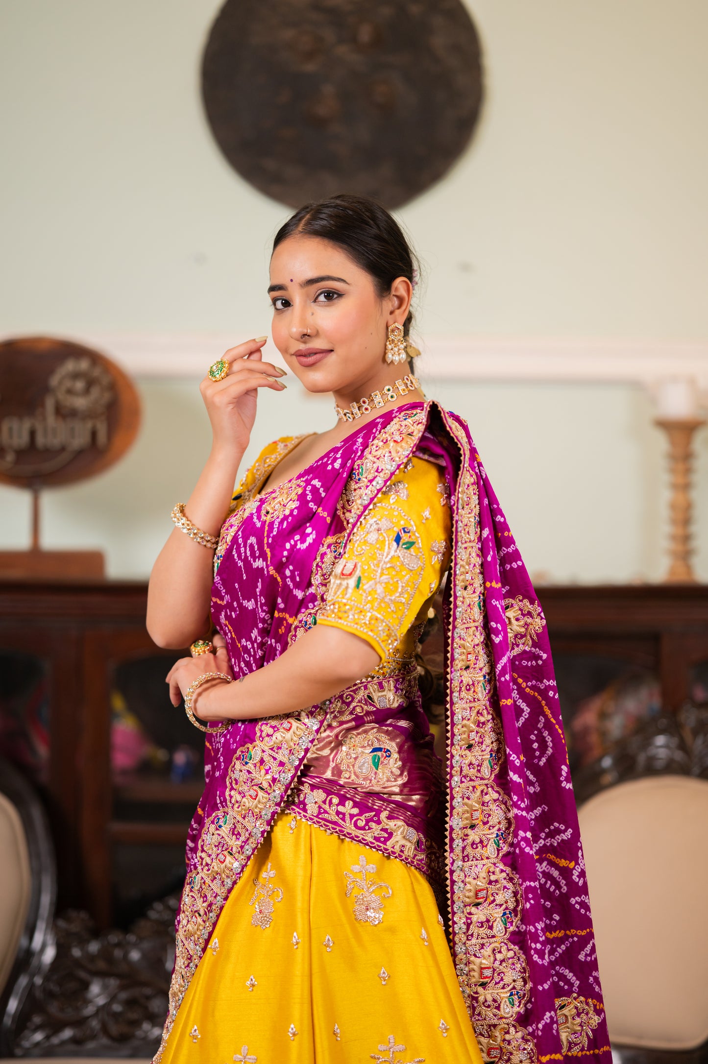 Purple Pure Ojariya Bandhej Chunari with Marodi Zardozi Thread Elephant Peacock Motifs Sequins Work