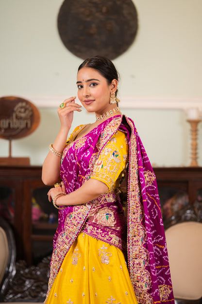 Purple Pure Gajji Silk Bandhej Chunari with Zardozi work,Elephant-Peacock Motifs