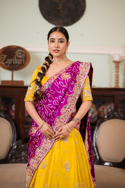 Purple Pure Gajji Silk Bandhej Chunari with Zardozi work,Elephant-Peacock Motifs
