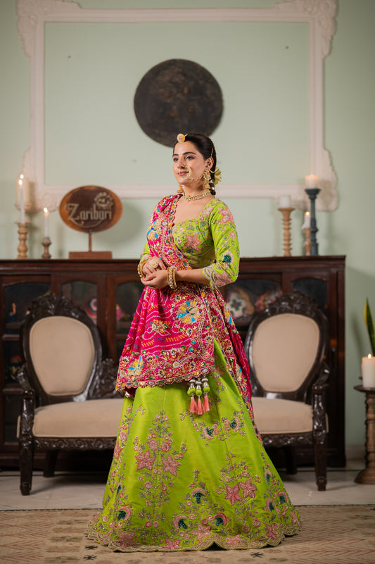 Pink Pure Ojariya Bandhej Chunari with Zardozi Peacock Motifs Kardana Sequins Beads Work