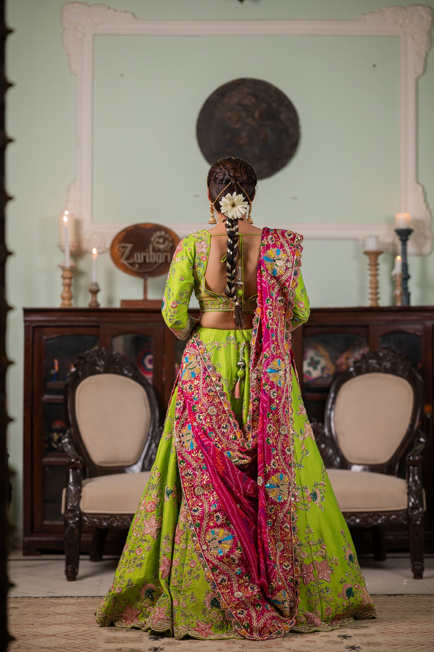 Pink Pure Ojariya Bandhej Chunari with Zardozi Peacock Motifs Kardana Sequins Beads Work