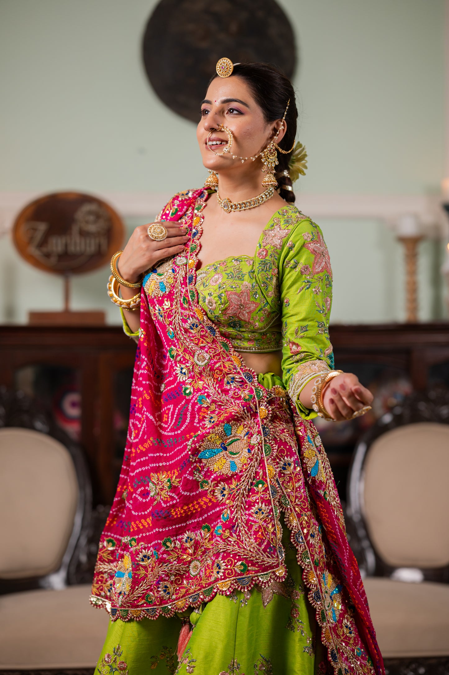 Pink Pure Ojariya Bandhej Chunari with Zardozi Peacock Motifs Kardana Sequins Beads Work