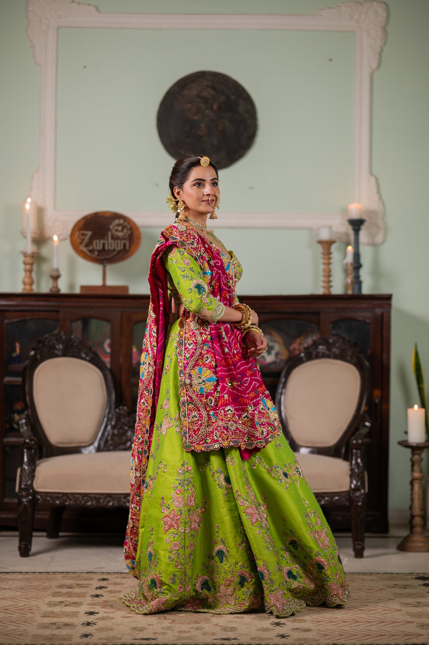 Pink Pure Ojariya Bandhej Chunari with Zardozi Peacock Motifs Kardana Sequins Beads Work