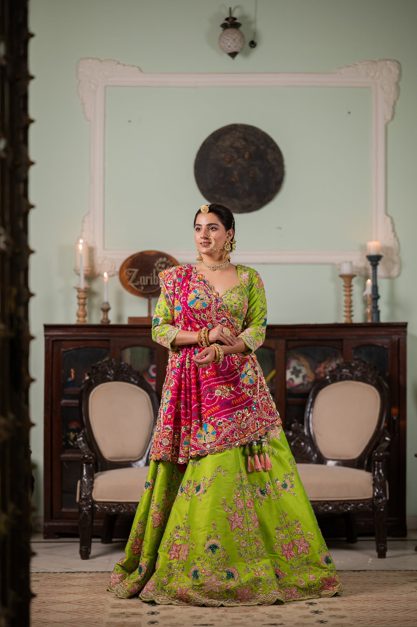 Pink Pure Ojariya Bandhej Chunari with Zardozi Peacock Motifs Kardana Sequins Beads Work