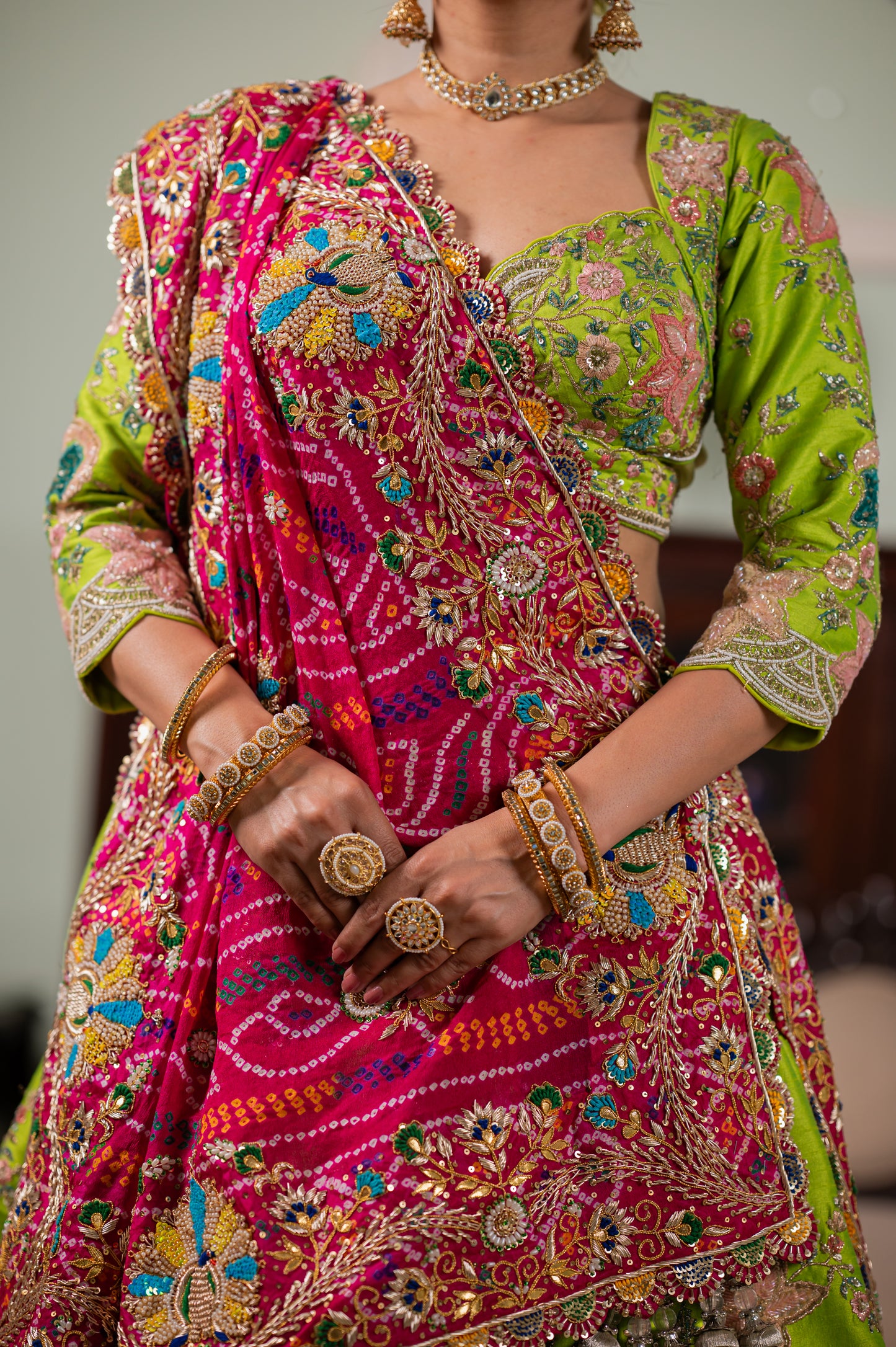 Pink Pure Ojariya Bandhej Chunari with Zardozi Peacock Motifs Kardana Sequins Beads Work