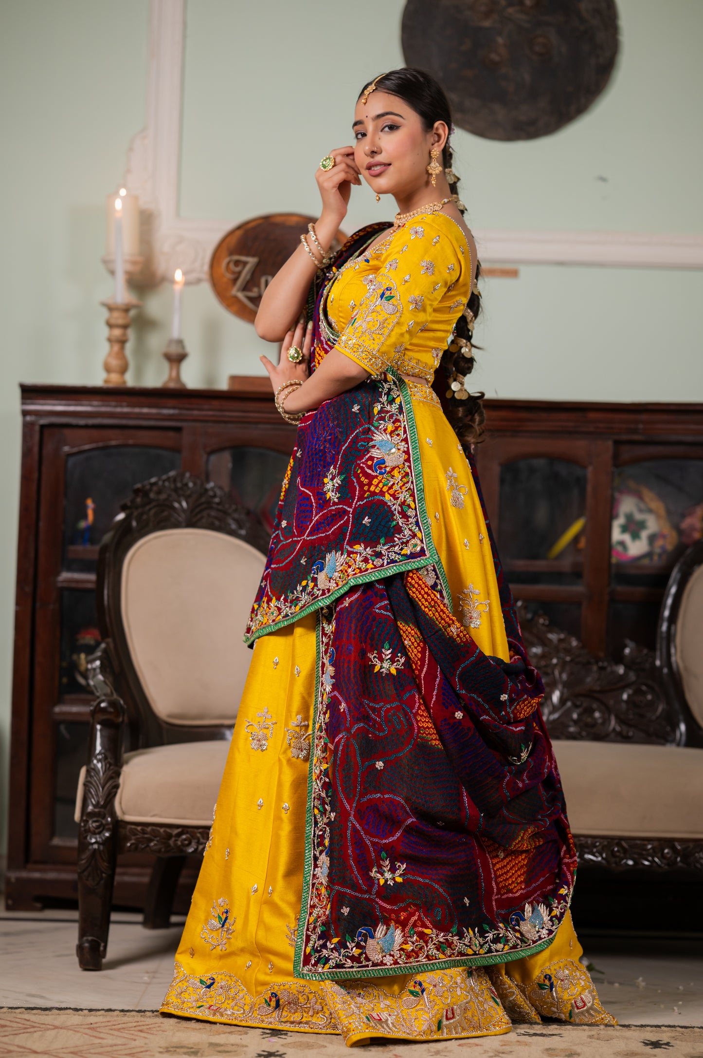 Maroon Pure Ojariya Bandhej Chunari with Zardozi Peacock Motifs Sequins Work