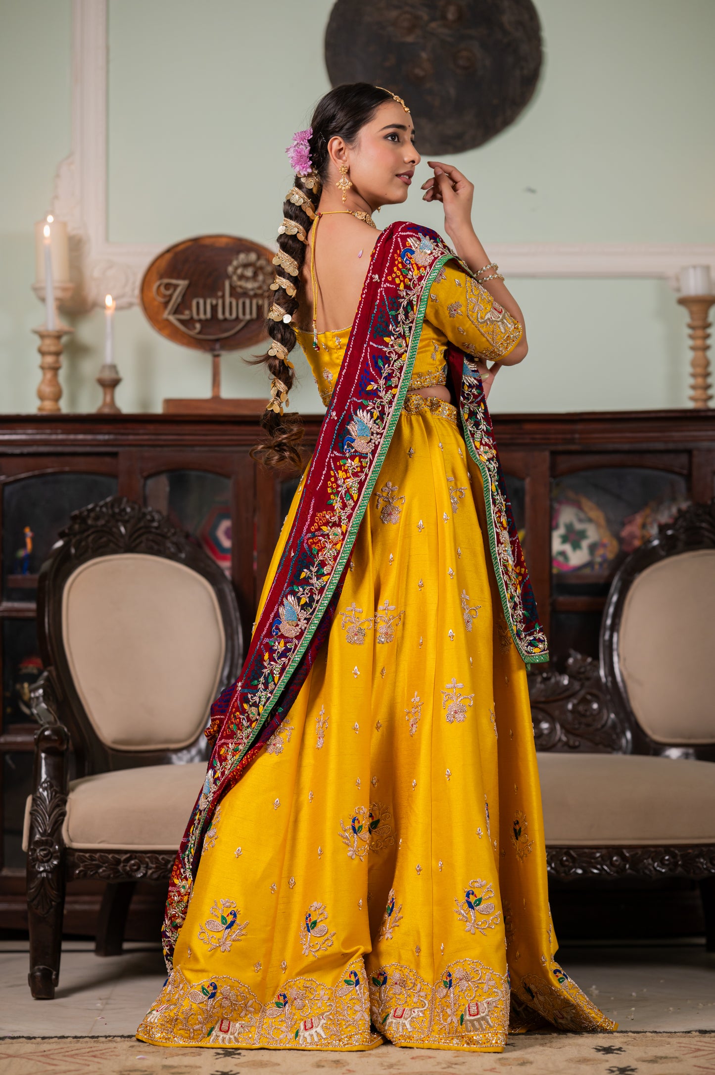 Maroon Pure Ojariya Bandhej Chunari with Zardozi Peacock Motifs Sequins Work