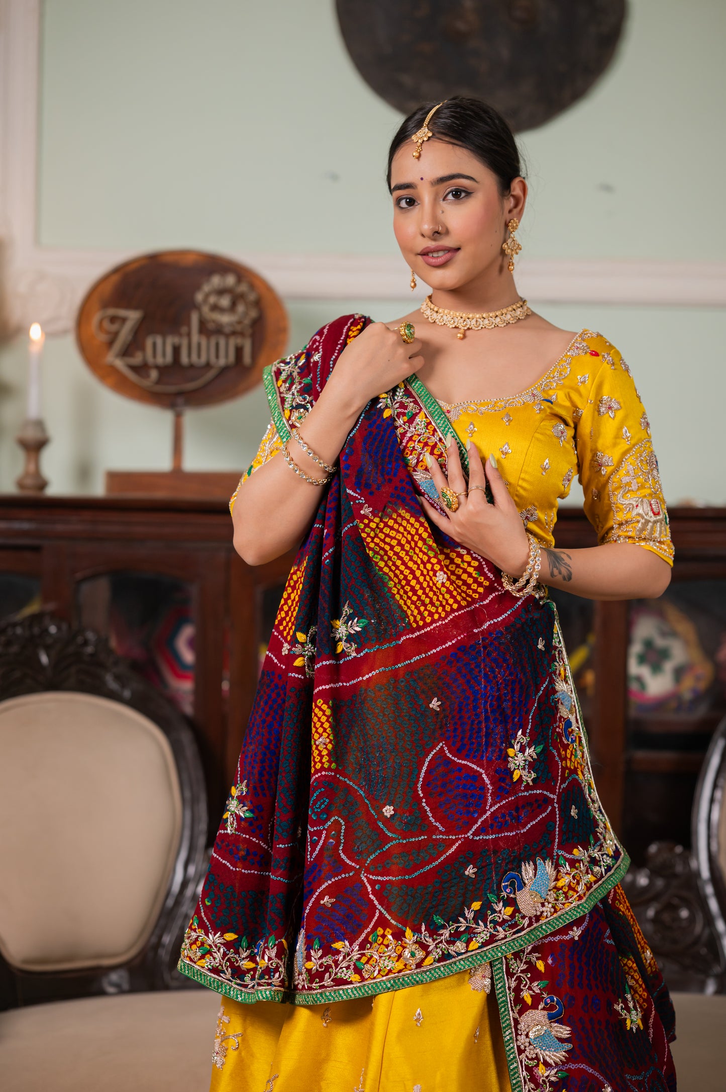 Maroon Pure Ojariya Bandhej Chunari with Zardozi Peacock Motifs Sequins Work