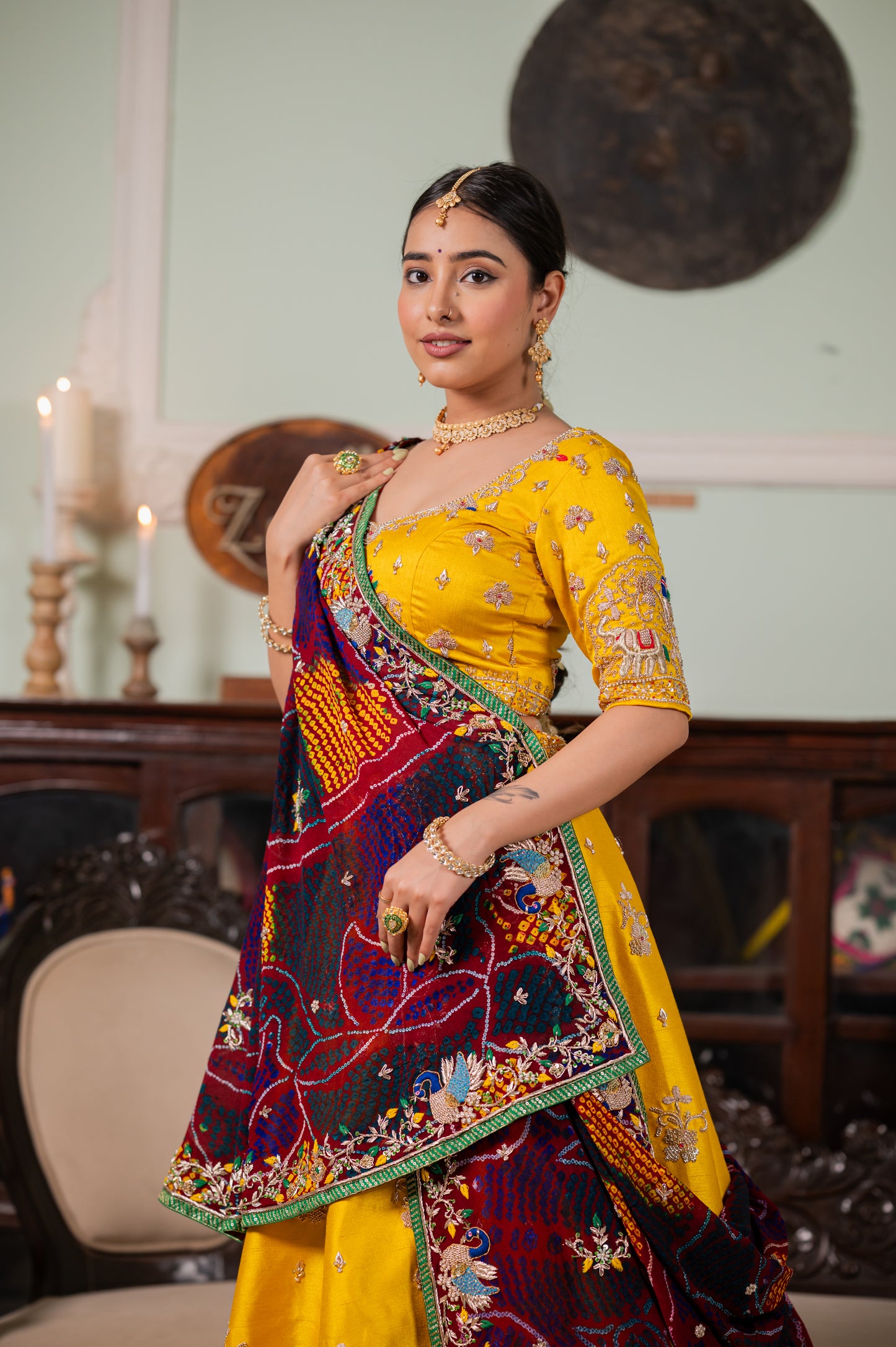 Maroon Pure Ojariya Bandhej Chunari with Zardozi Peacock Motifs Sequins Work