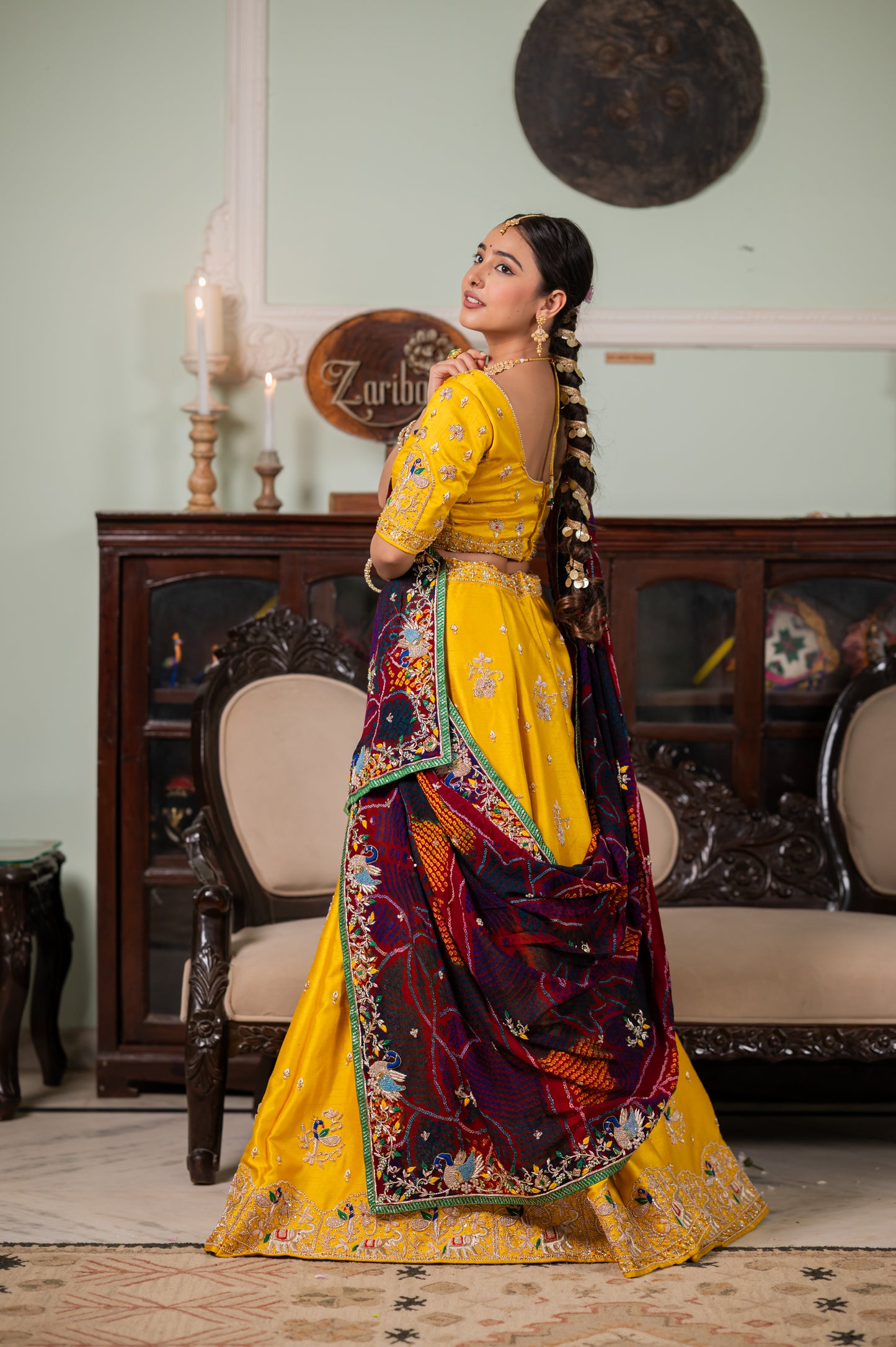 Maroon Pure Ojariya Bandhej Chunari with Zardozi Peacock Motifs Sequins Work