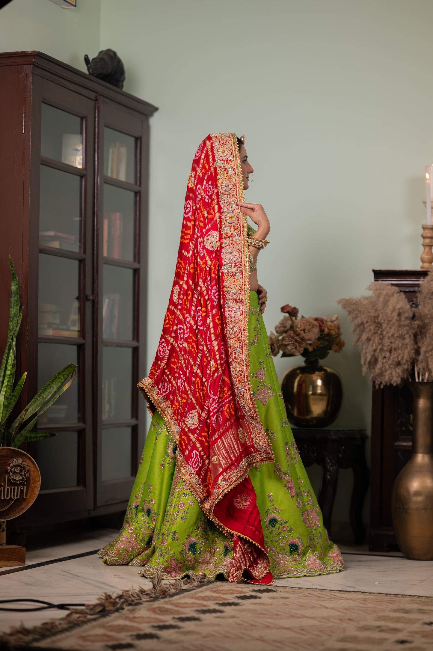 Red Gajji Silk Ghatchola Bandhej Chunari with Marodi Zardozi Bird Motifs Sequins Work