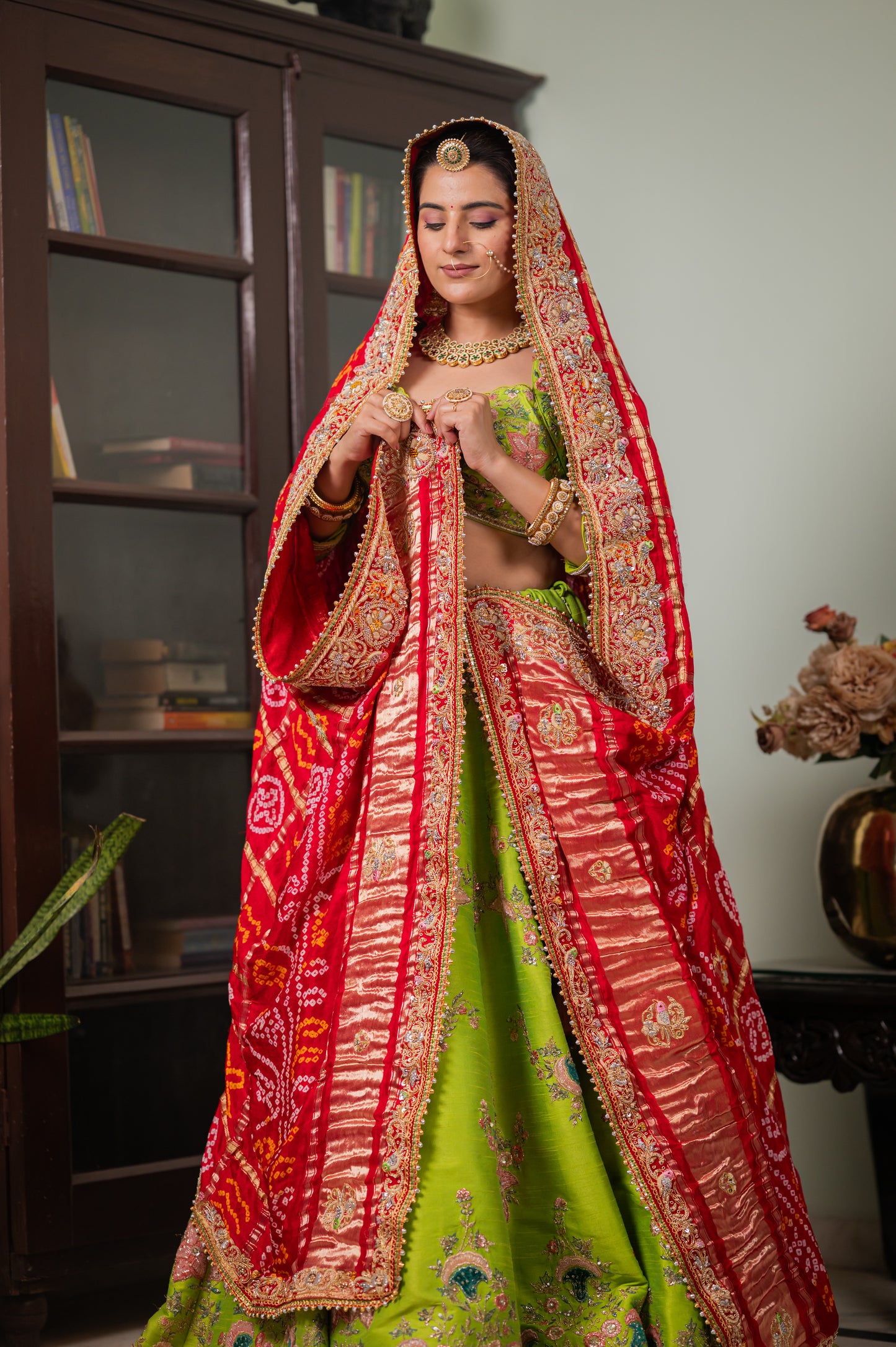 Red Gajji Silk Ghatchola Bandhej Chunari with Marodi Zardozi Bird Motifs Sequins Work