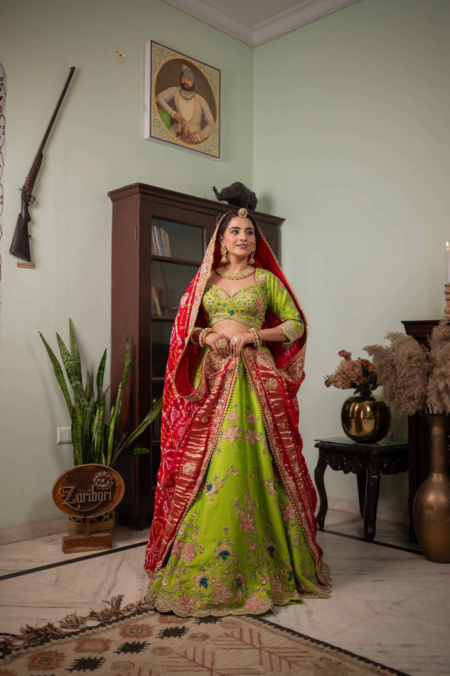 Red Gajji Silk Ghatchola Bandhej Chunari with Marodi Zardozi Bird Motifs Sequins Work