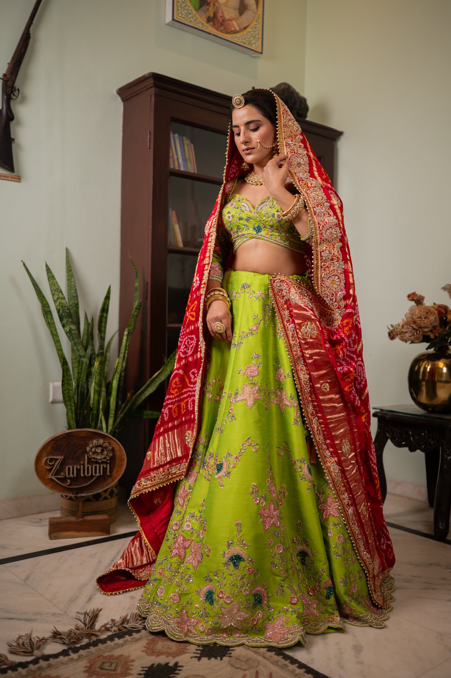 Red Gajji Silk Ghatchola Bandhej Chunari with Marodi Zardozi Bird Motifs Sequins Work