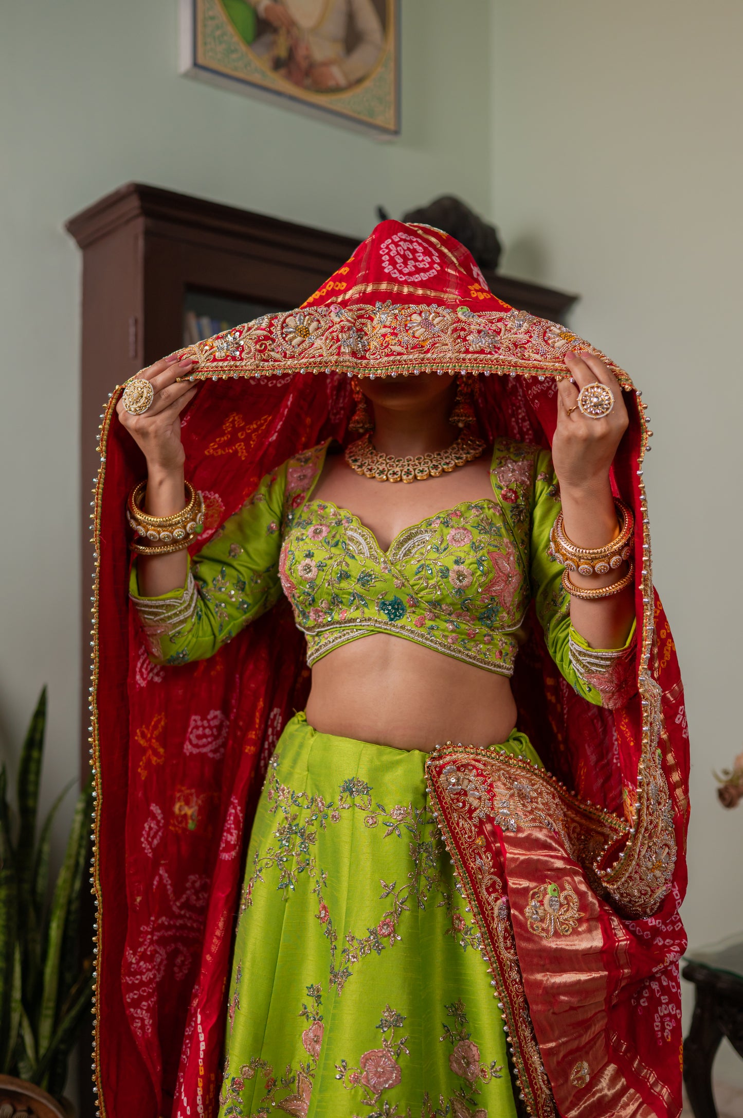 Red Gajji Silk Ghatchola Bandhej Chunari with Marodi Zardozi Bird Motifs Sequins Work