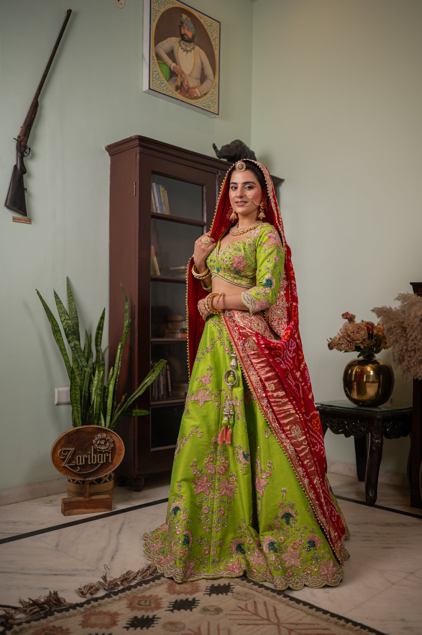 Red Gajji Silk Ghatchola Bandhej Chunari with Marodi Zardozi Bird Motifs Sequins Work