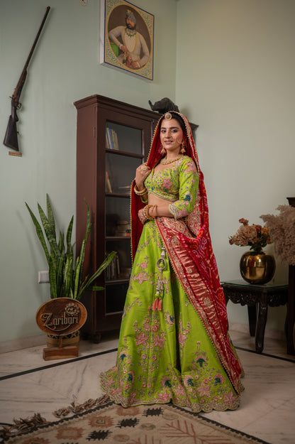 Red Gajji Silk Ghatchola Bandhej Chunari with Marodi Zardozi Bird Motifs Sequins Work