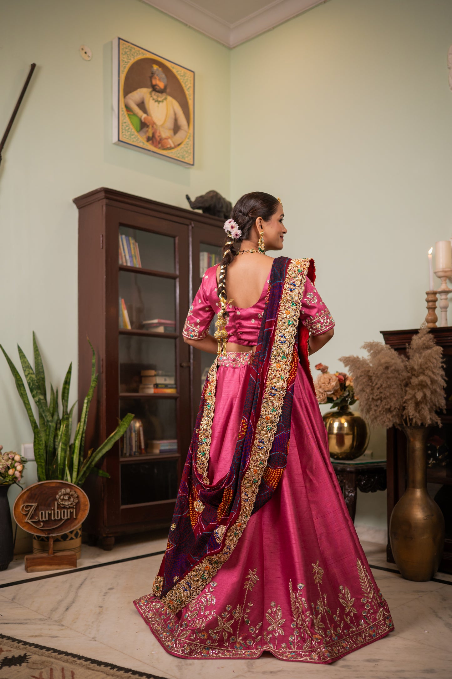 Maroon Pure Ojariya Bandhej Chunari with Zarodozi Double Peacock Motifs Sequins Work